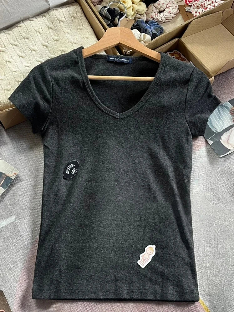 Camouflage Thin Short Sleeve T-shirt Women V-neck Cotton Slim All-match Tee Shirts Female Streetwear Vintage Y2k Tops Summer New