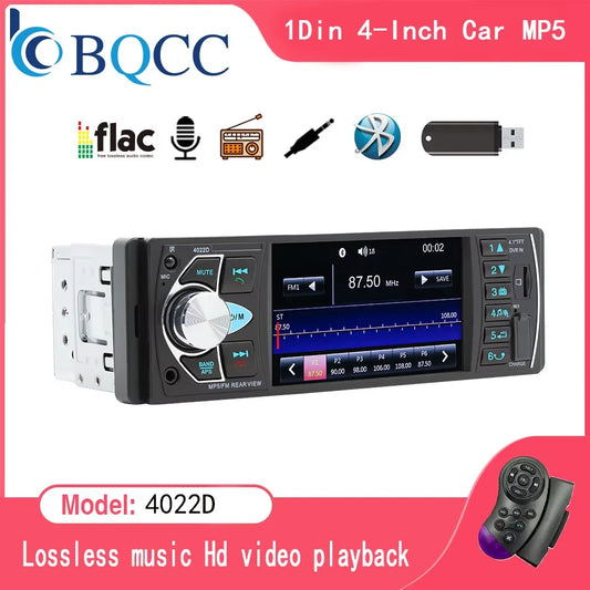 BQCC 4" 1-DIN Car MP5 Player — Bluetooth, USB/TF, FM Radio, Reverse-Camera Input, 7 Colour Lights