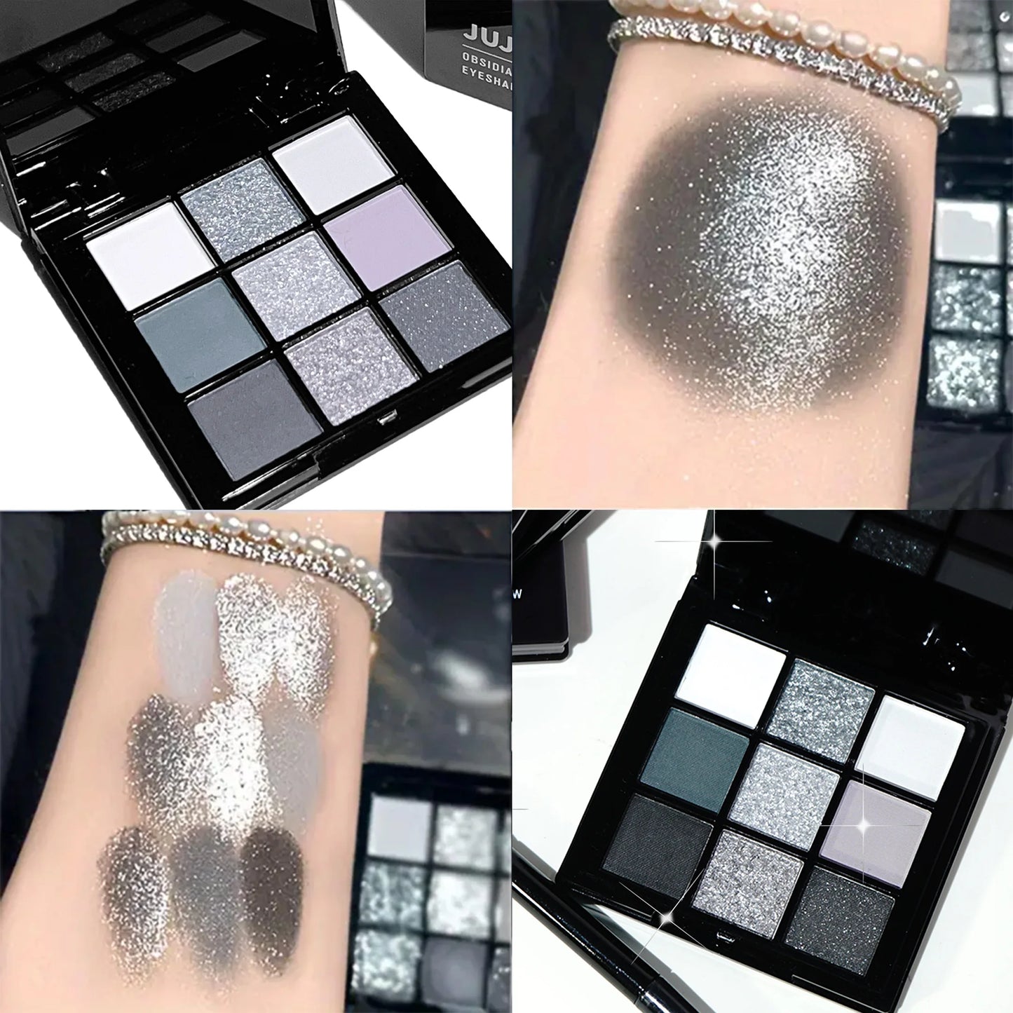 JUJU Dream 9-Shade Smoky Eyeshadow Palette – Black Swan | Dark Black, Grey, Silver Glitter & Matte Finish | Long-Lasting