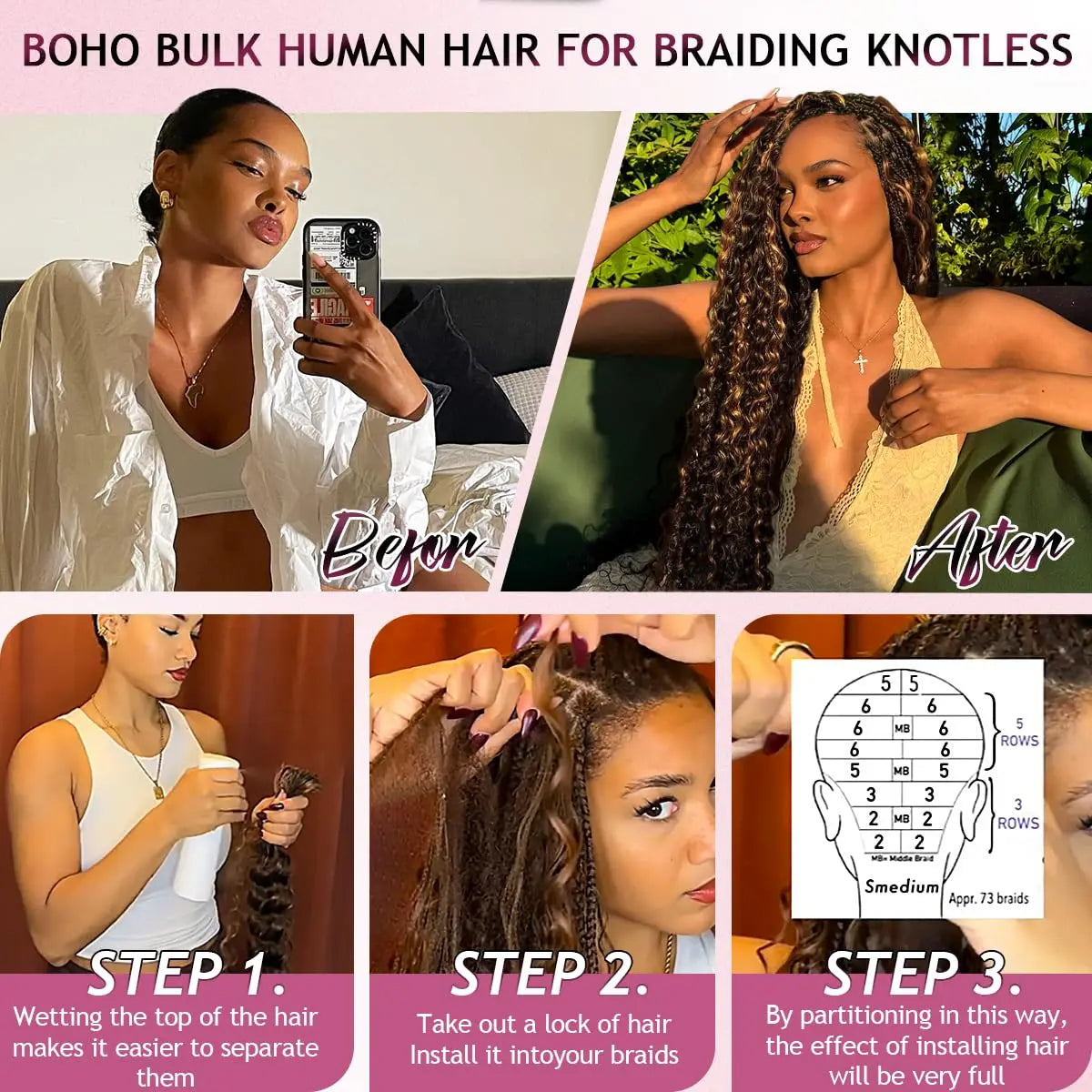 Color Brown Burmese Water Wave Braiding Hair Knotless Pre-Separated Deep Curly Feather Crochet Human Hair Extensions Invisible