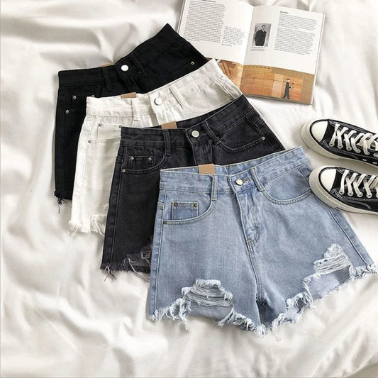Korean Denim Shorts Women Summer Fashion Casual High Waist Ripped Jeans Pocket Tassel Y2K Hot Pants Streetwear Blue Trousers