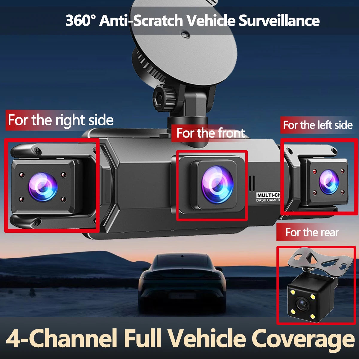 360° Car DVR Dash Cam 4 Lens Front Rear Left Right Inside IPS Screen Rotatable Lens Night Vision 24H Parking G-Sensor Black Box