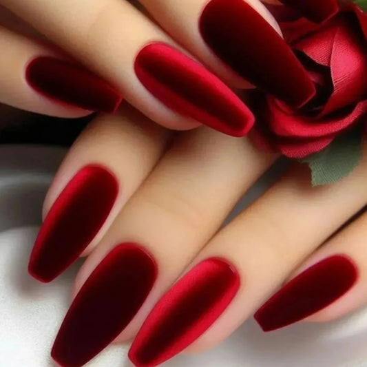 24 Piece Velvet Red Press-On Nails - Medium Almond Matte Ballet Style