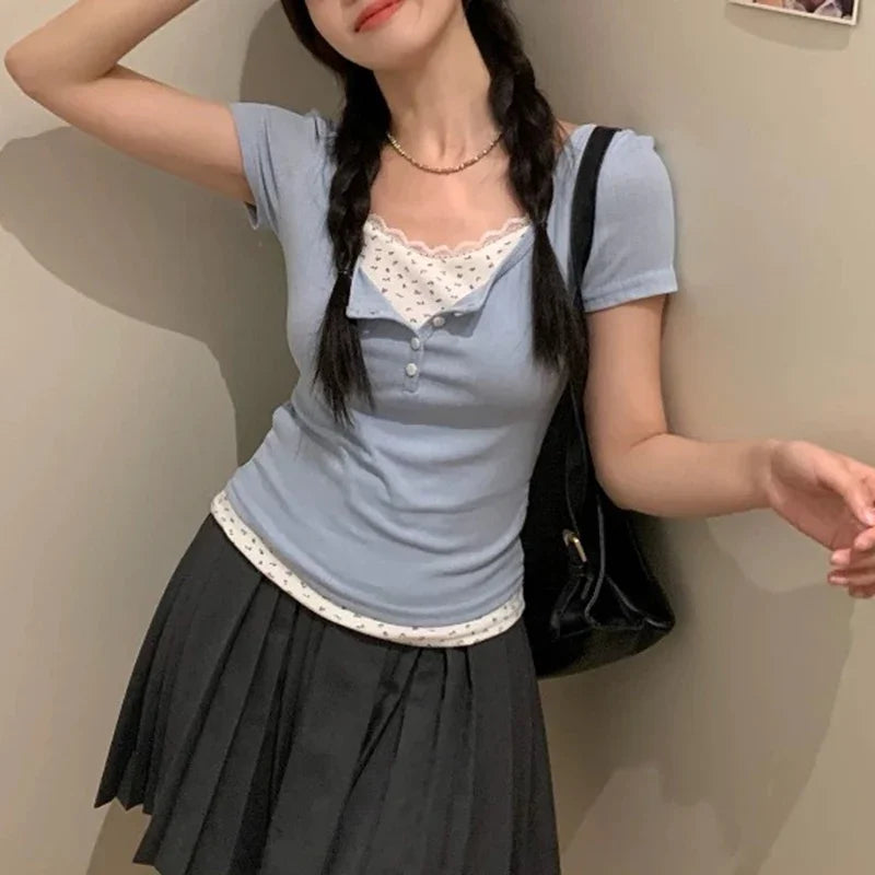 Women Soft Floral Lace Summer Blouse Lady Sweet Button Slim Fit 2026 Spliced Tops Female Seaside Designer Short sleeved T-shirt