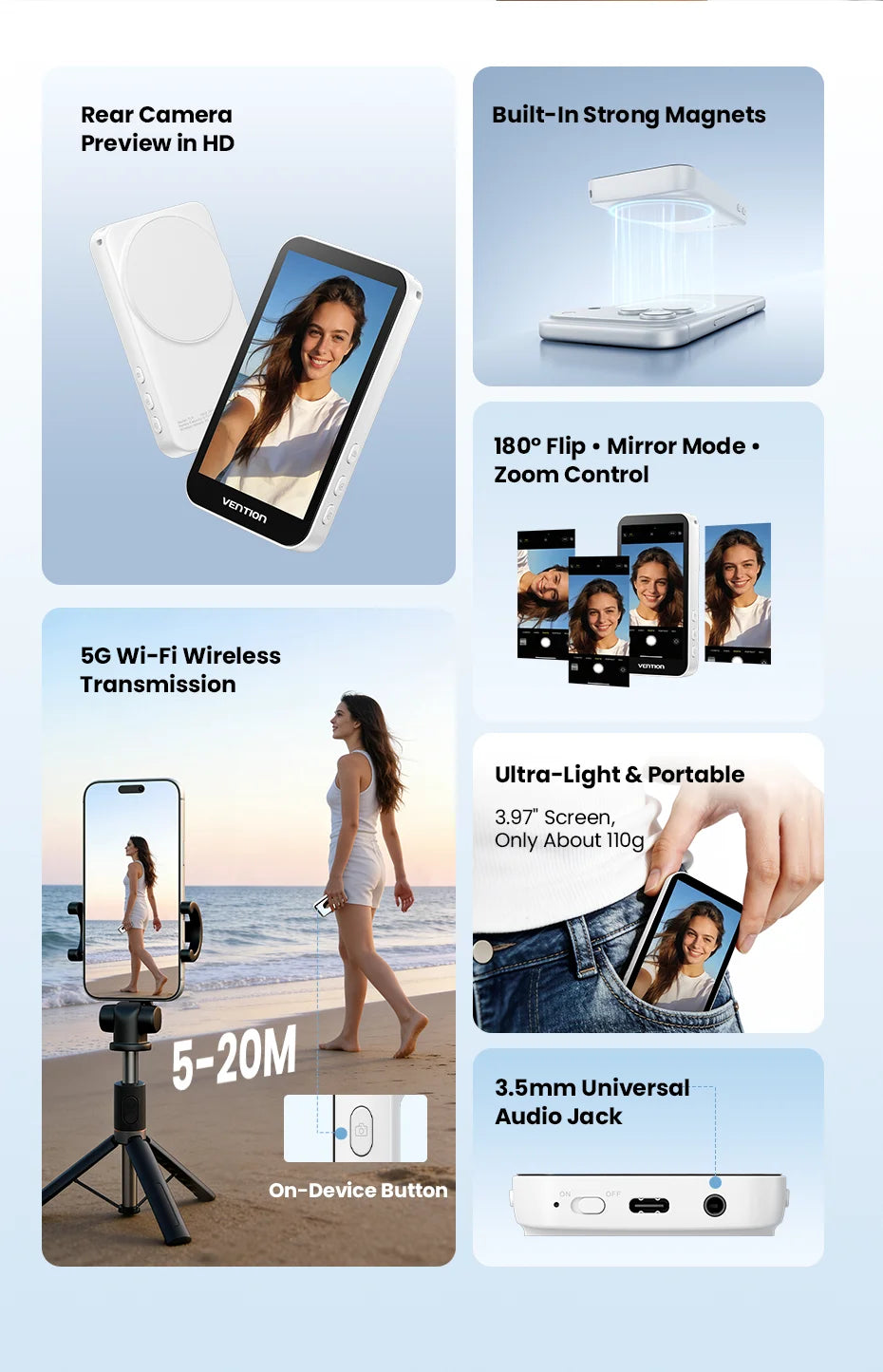 Vention Magnetic Selfie Screen Monitor Vlog Phone Wireless Monitor Rear Camera Live for iphone 17 16 Huawei Mate 80 Samsung S24