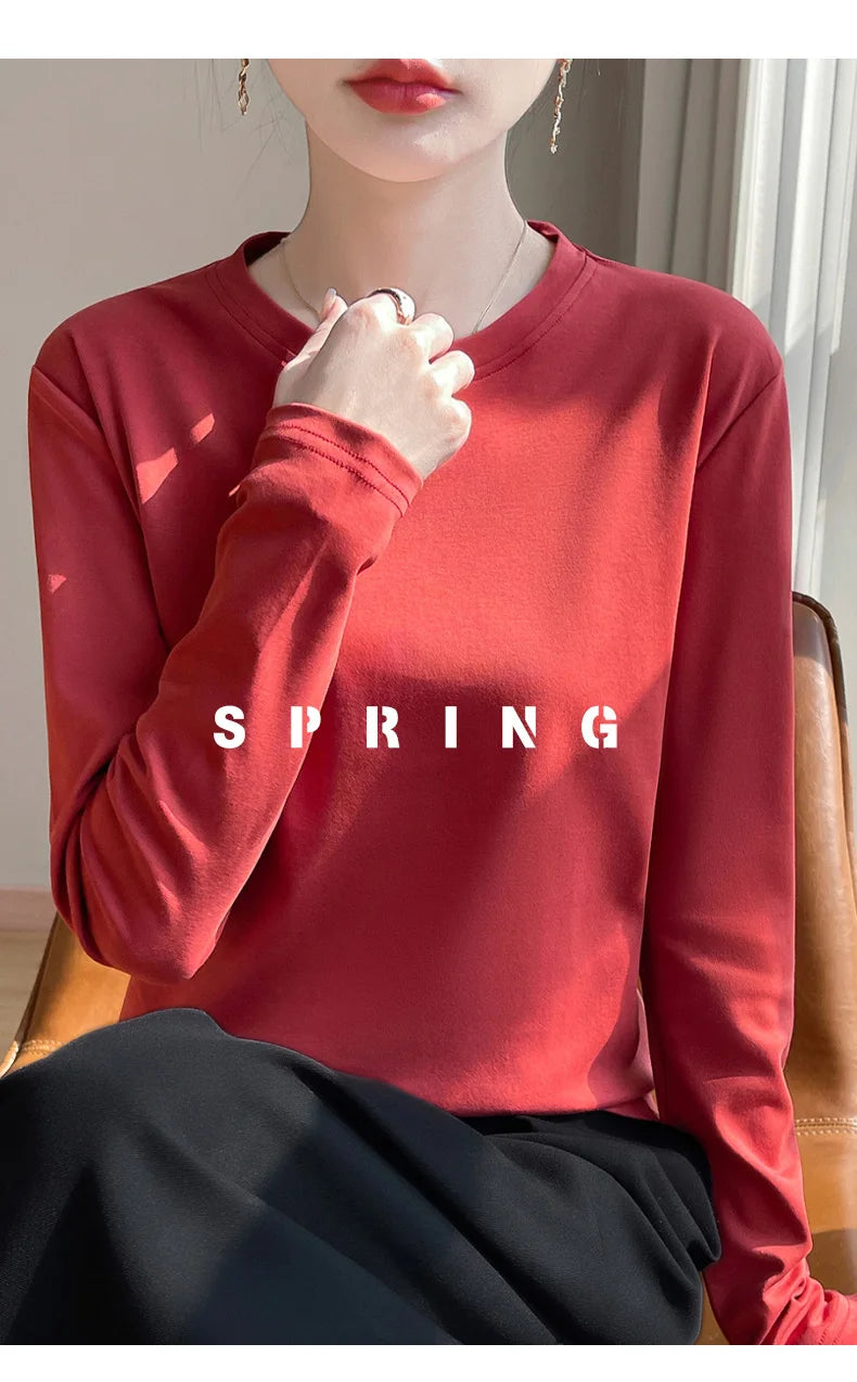 Spring And Summer New Mercerized Cotton Long Sleeve T-shirt Women's Round Neck Loose 100% Cotton Bottoming T-shirt
