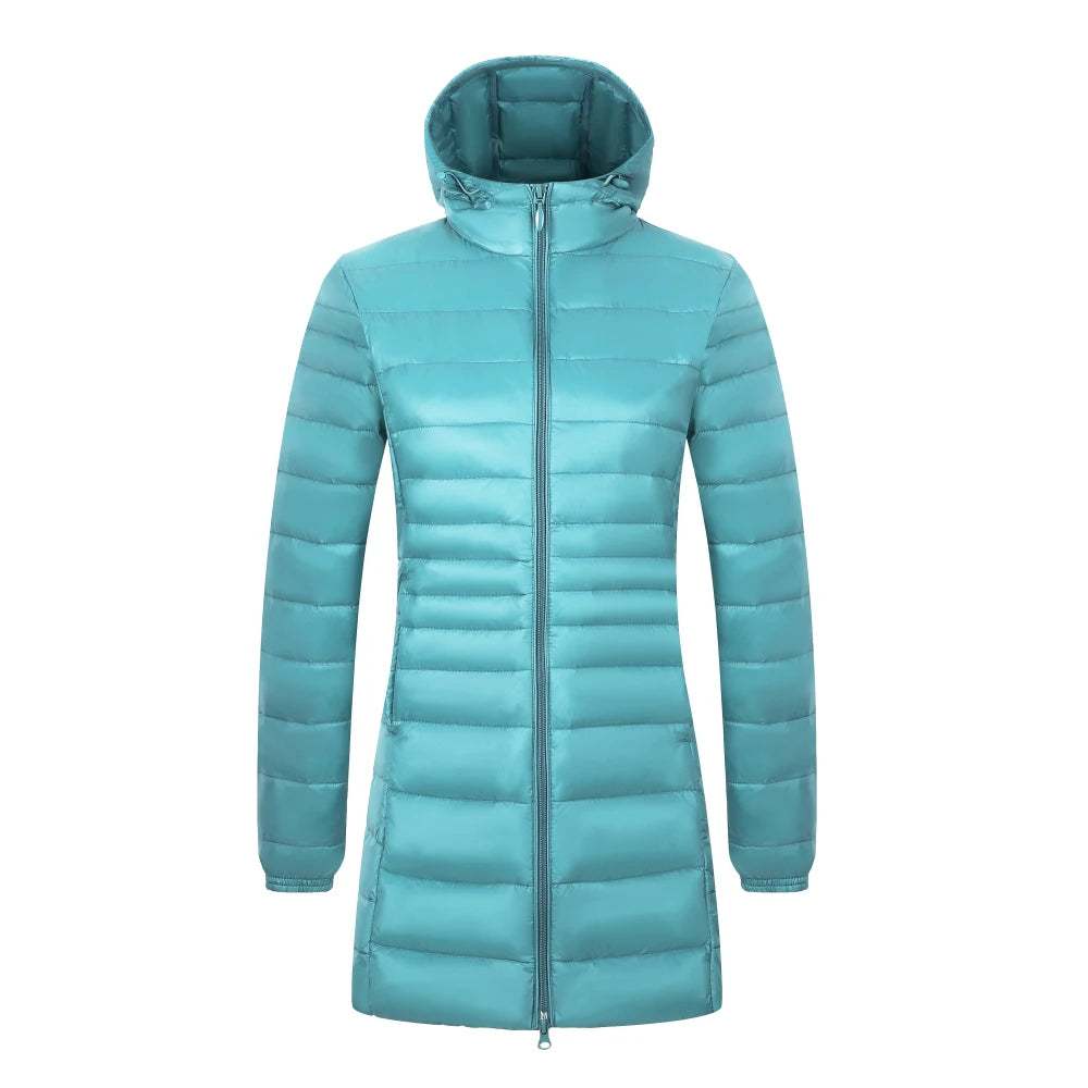 Women's Long Puffer Coat with Storage Bag - Light Hip-Length Jacket - photo 4