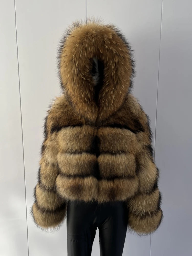 Women's Hooded Raccoon Fur Coat, Turn-Down Collar