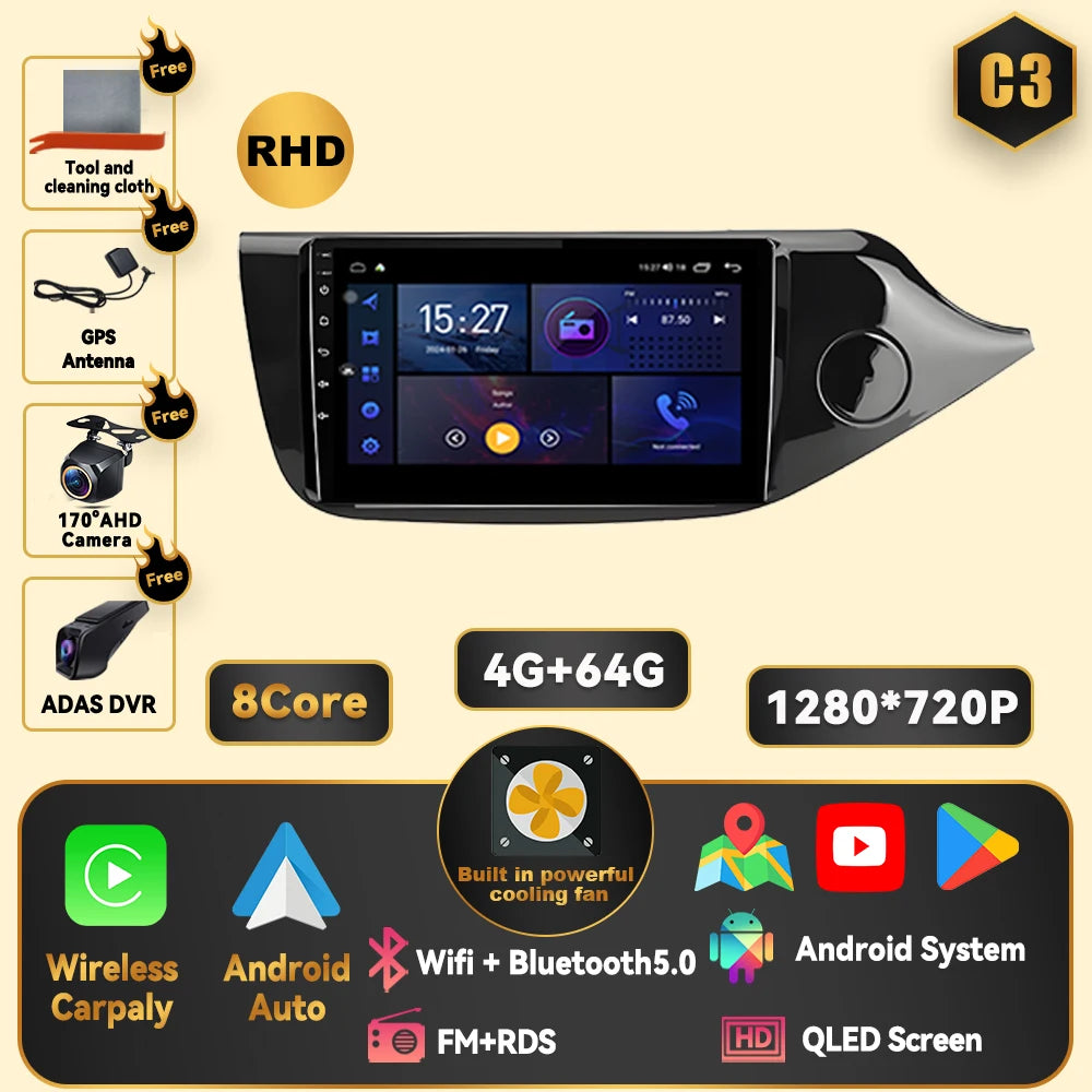 Android 15 Carplay For Kia CEED 2 JD 2012 - 2018 Car Radio Stereo Multimidia Player GPS Bluetooth DSP 2din Stereo QLED Screen