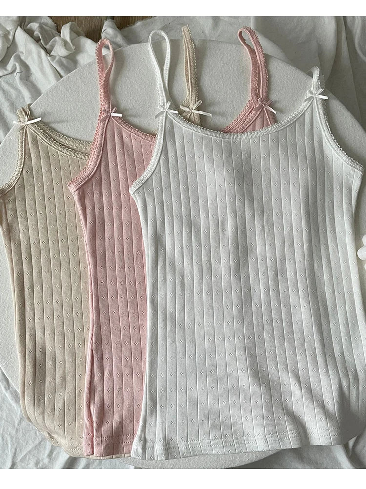Bows Eyelet Sweet Slim Tank Top Women Lace Trim Cotton Sleeveless Summer Camis Vests Sweet Preppy Style Solid Crop Top Y2k