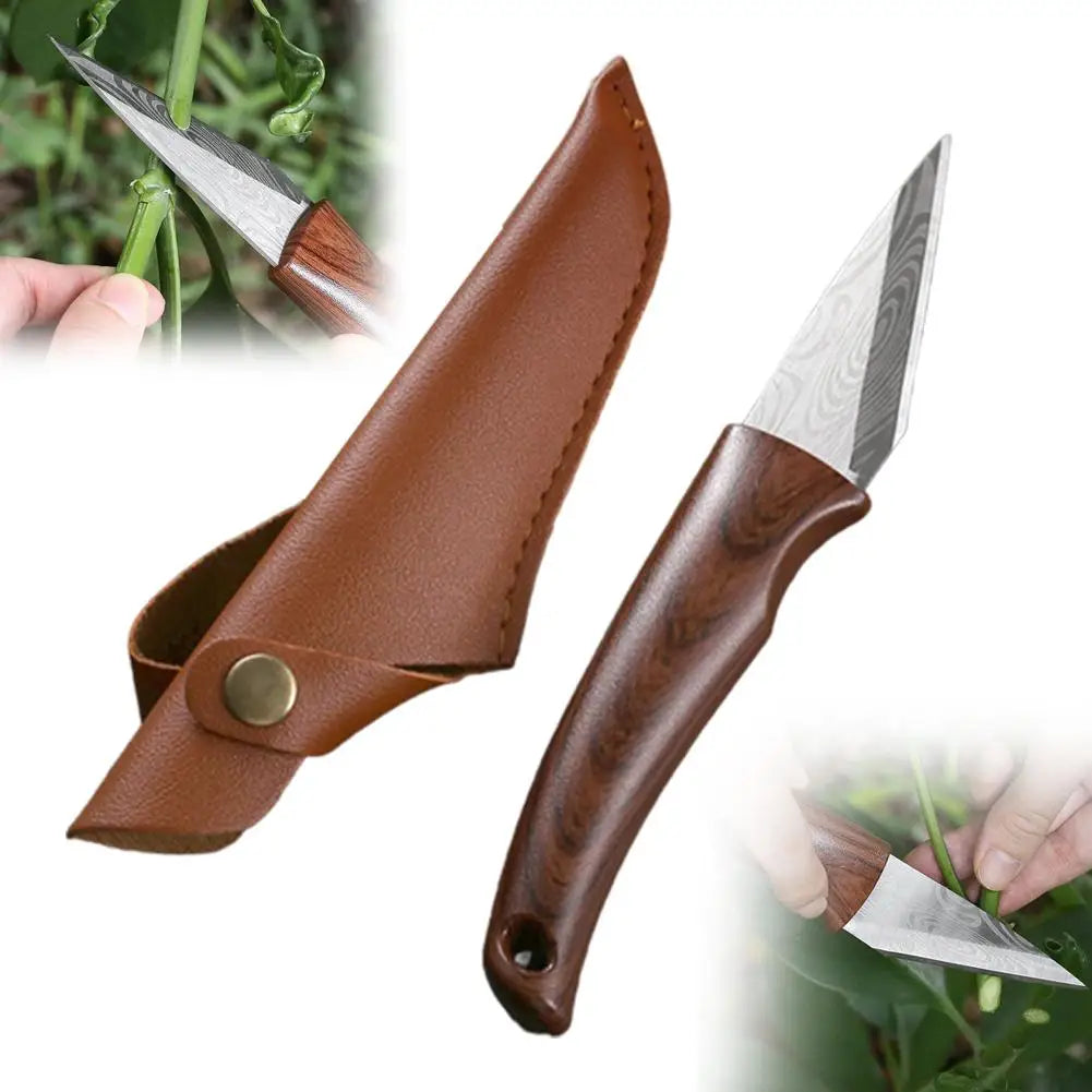 Grafting Knife with Leather Sheath — Wooden Handle Budding Tool