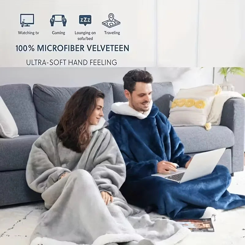 Extra Long Flannel Blanket Hoodie with Sleeves - Giant Wearable Blanket
