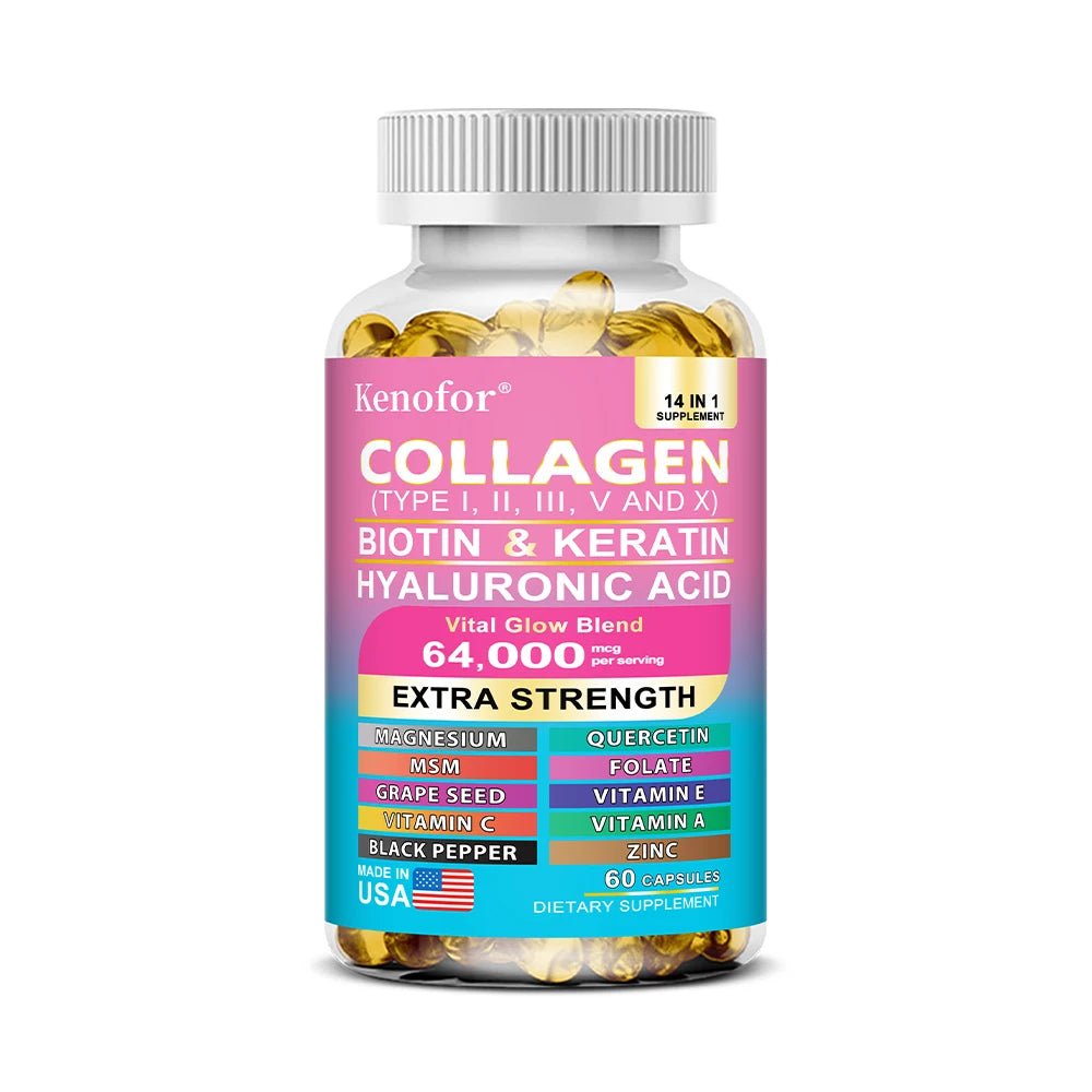 Kenofor 14-in-1 Collagen Capsules – Biotin, Keratin, Hyaluronic Acid, Vitamins A/C/E | Anti-Aging Skin, Hair & Nails Supplement | 30/60/120 Count