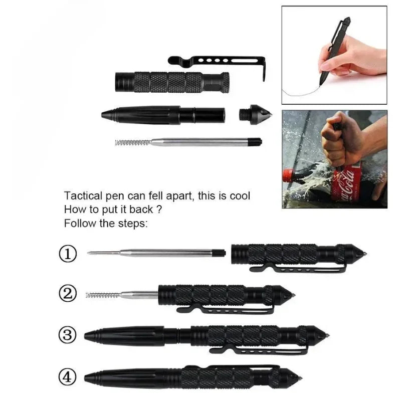 Multifunctional Tactical Pen Self Defense Anti Skid Emergency Survival Tool Glass Breaker Tungsten Steel Outdoor Rescue Escape
