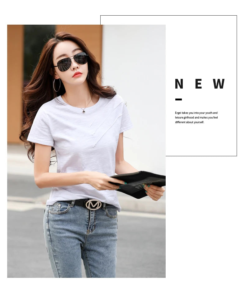 Women's slub cotton button tee, loose crew neck — view 10 of 20
