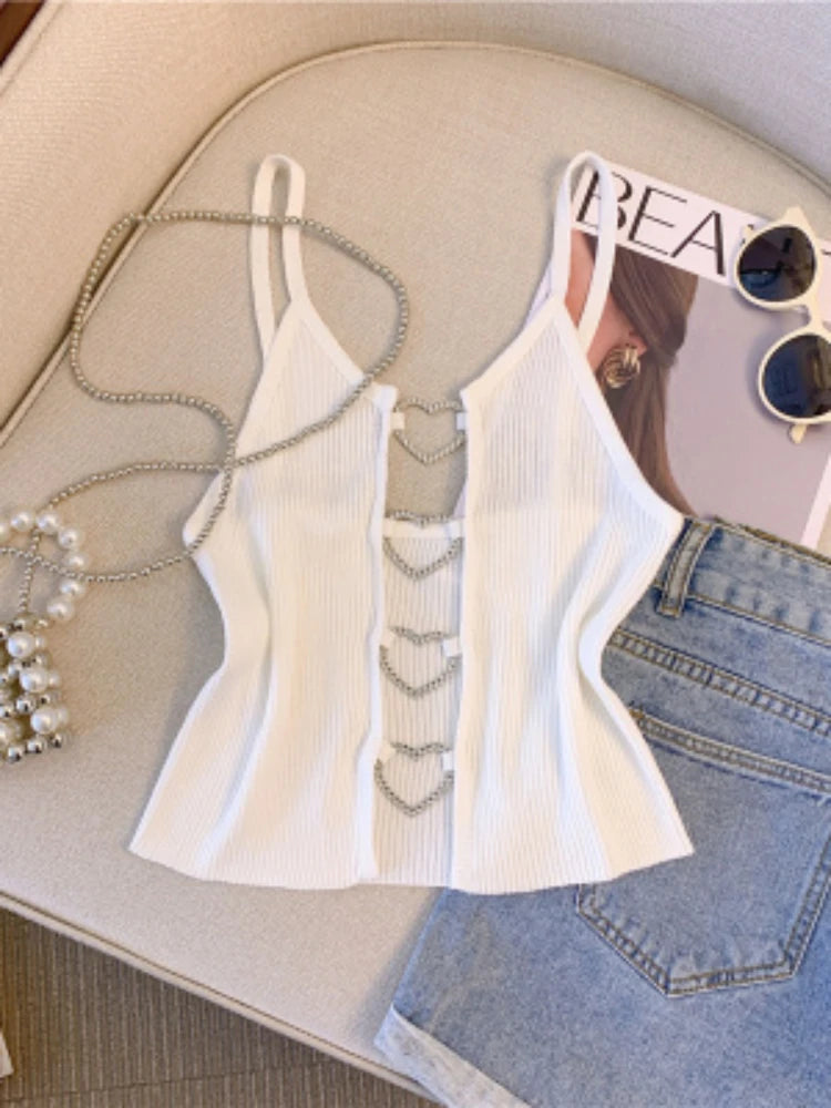 2026 New Sexy Solid Ribbed Crop Sleeveless Top - Back Heart Decor Cami Top for Women Perfect for Spring & Summer