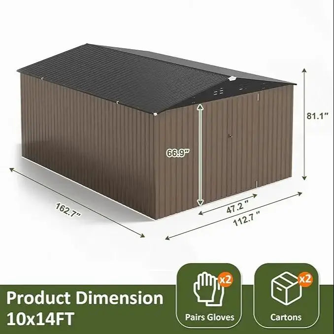 10x14 ft Galvanized Steel Lockable Garden Storage Shed