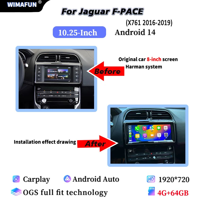10.25" For Jaguar XE F-PACE X760 X761 Android 14 2016 to 2019 Car Radio Multimedia Player CarPlay and Auto Smart Car System