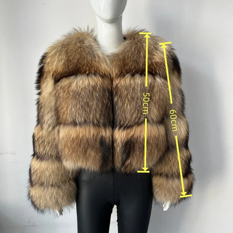 Women's Hooded Raccoon Fur Coat, Turn-Down Collar