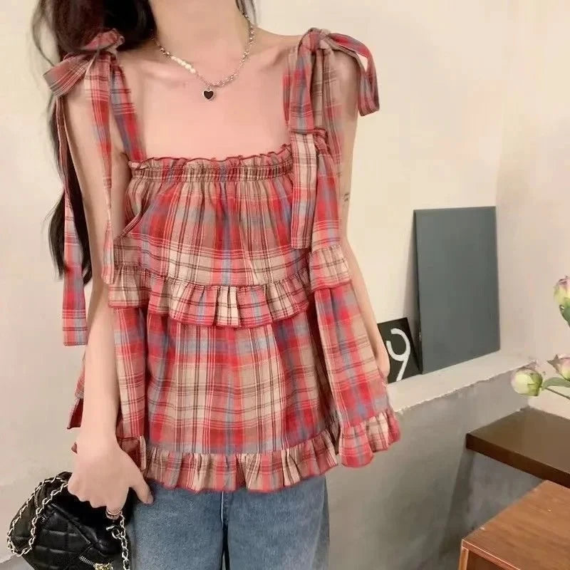 Women's Y2K Vintage Plaid Lace-Up Strap Sleeveless Crop Tank Top – Acubi Japan Green Streetwear