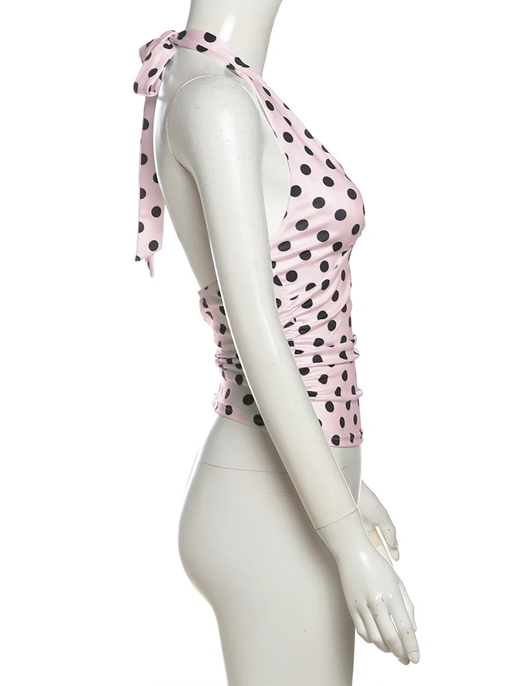 Women's Polka Dot Halter Tank Top – Lace-Up Backless V-Neck Skinny Y2K Streetwear Vest