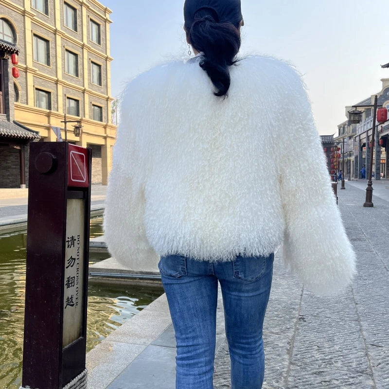 Women's Mongolian Sheep Fur Jacket, Round Neck