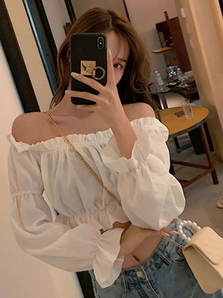 MMAlto Women's Off Shoulder Puff Sleeve Crop Top – Solid Color Ruffle Blouse for Summer