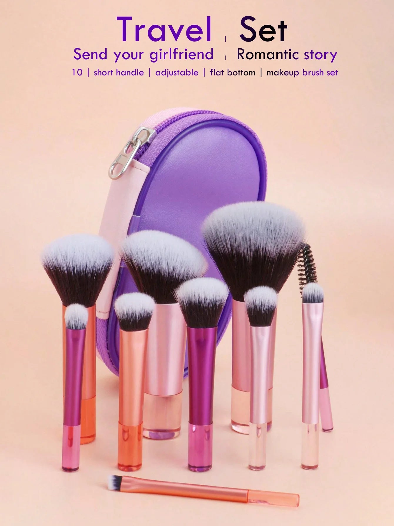 10pcs Pink Makeup Brush Set for Beginners Mini Portable Foundation Eyeshadow Brushes with Crystal Handle Includes Brush Pouch