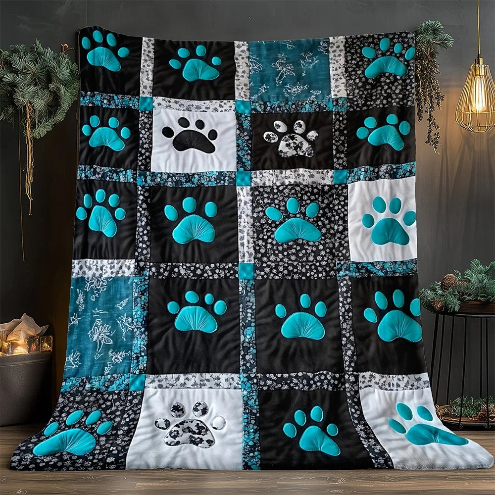 Teal Paw Print Quilted Throw Blanket - Patchwork Fleece for Pet Lovers - photo 2