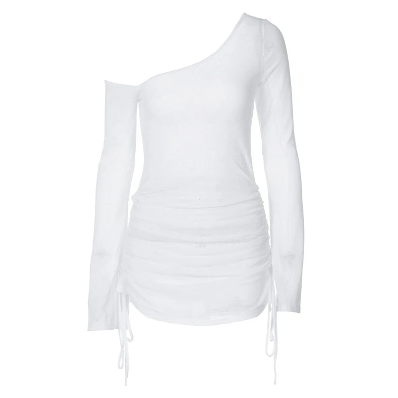 Women's Skew Collar Ruched Lace-Up See-Through Mini Dress – Drawstring Club Party Dress | Summer 2026