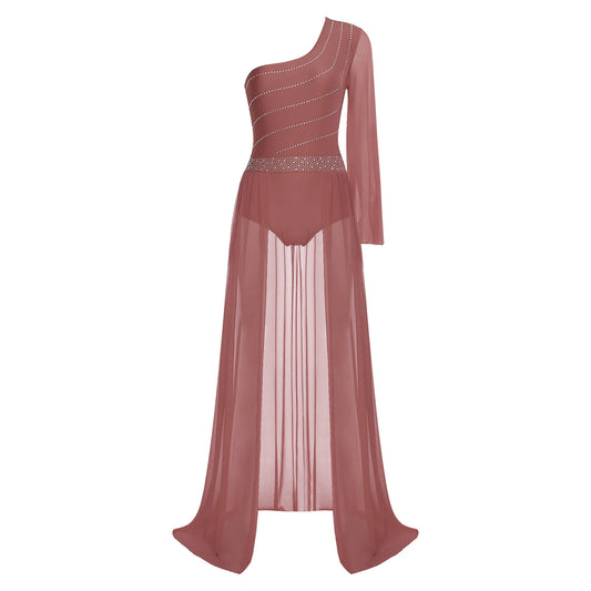 Women's one-shoulder flare-sleeve lyrical maxi dress