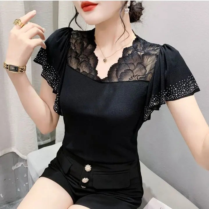 Women Casual Diamonds Lace T Shirts Summer 2026 Korean Fashion Y2k Clothes Slim V Neck Harajuku Sexy Ladies Streetwear Tops Tees