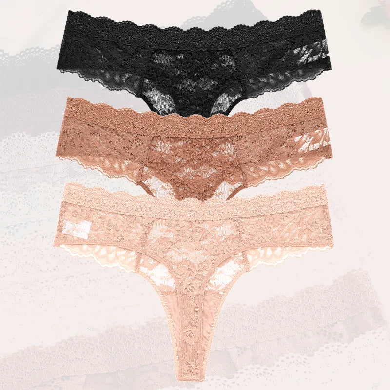 3-Pack Floral Lace Thongs – Soft Low-Rise Seamless Panties