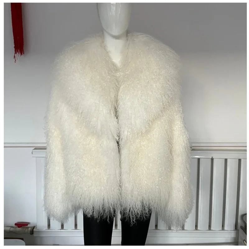 Women's Mongolian Sheep Fur Coat, Turn-Down Collar