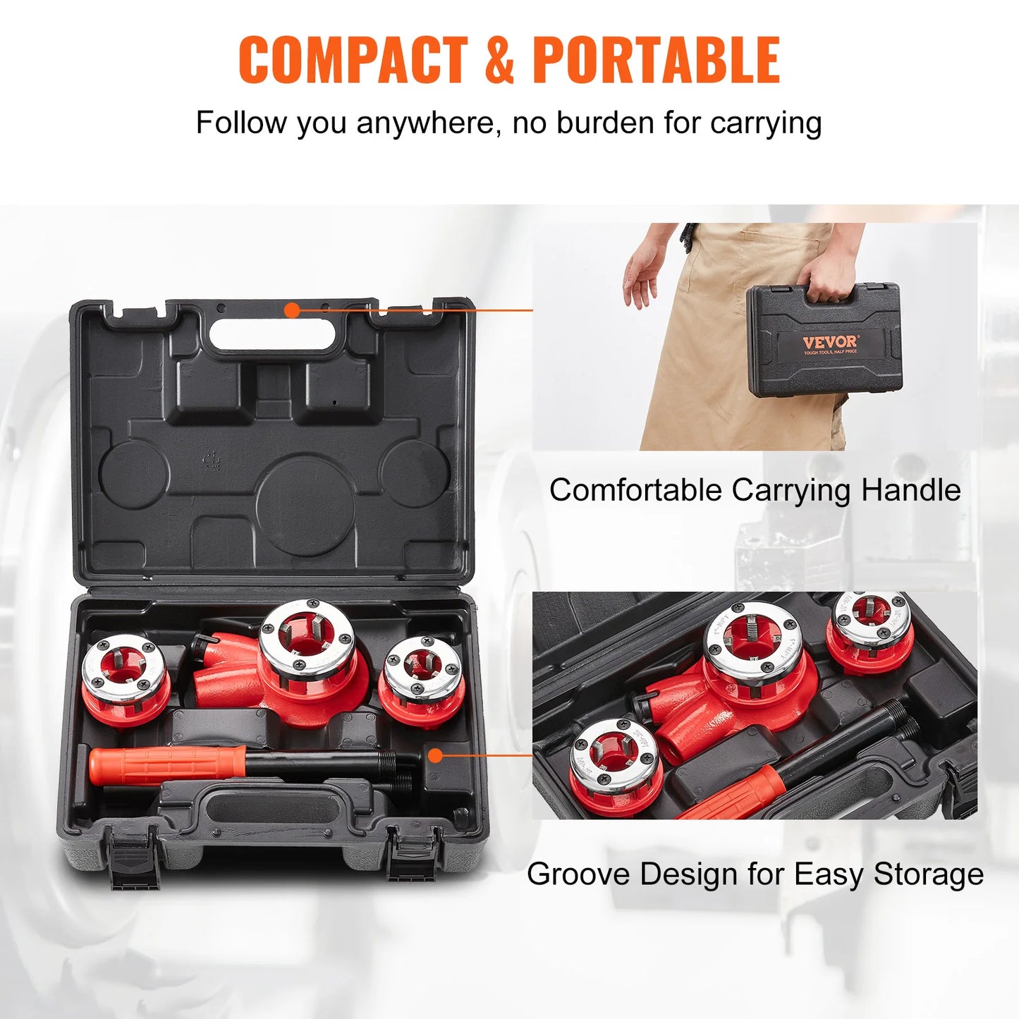 SucceBuy Pipe Threader Kit 1/2" NPT 3/4" NPT 1" NPT Manual Ratcheting Pipe Threader Portable Pipe Threading Tool Set 3PCS