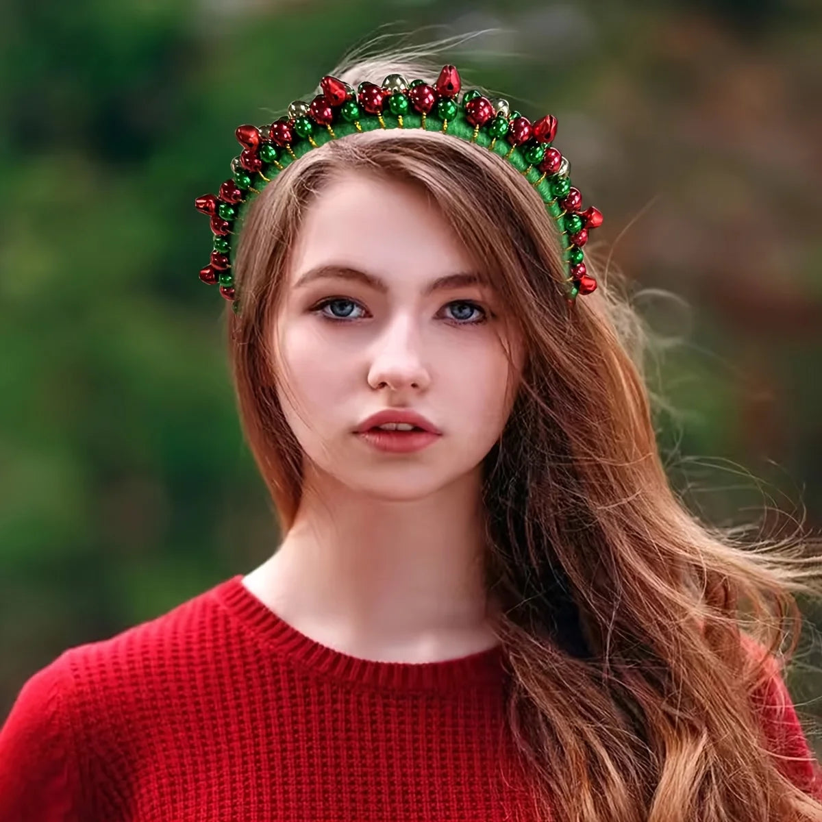 Festive Christmas Headband with Red & Green Beads, Golden Accents & Bell Charms - Hand-Wrapped Polyester Party Accessor