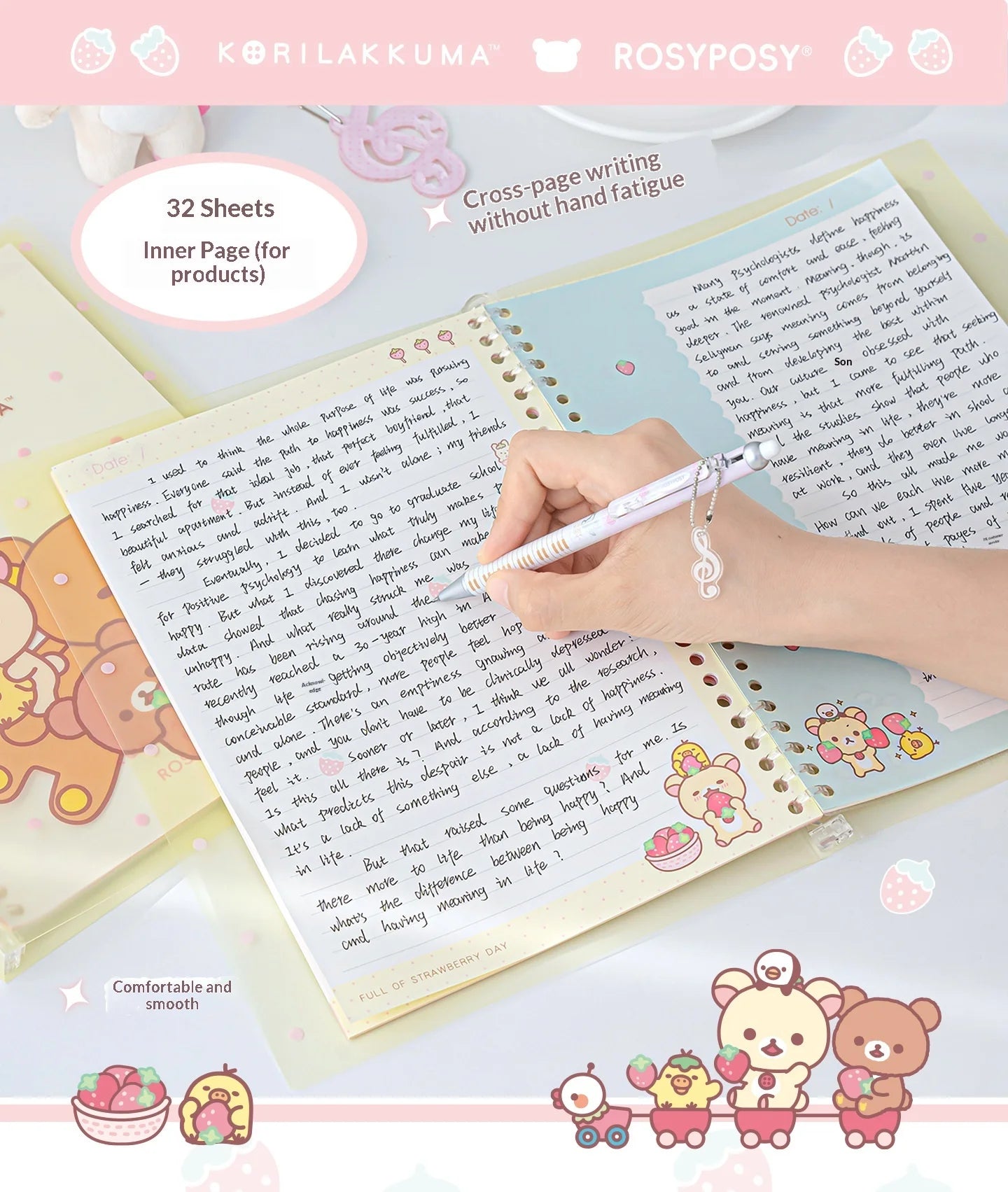 Rosyposy Korilakkuma Strawberry B5 Loose Leaf Notebook Soft Cover Cute Journal For Daily Study Writing Note Taking