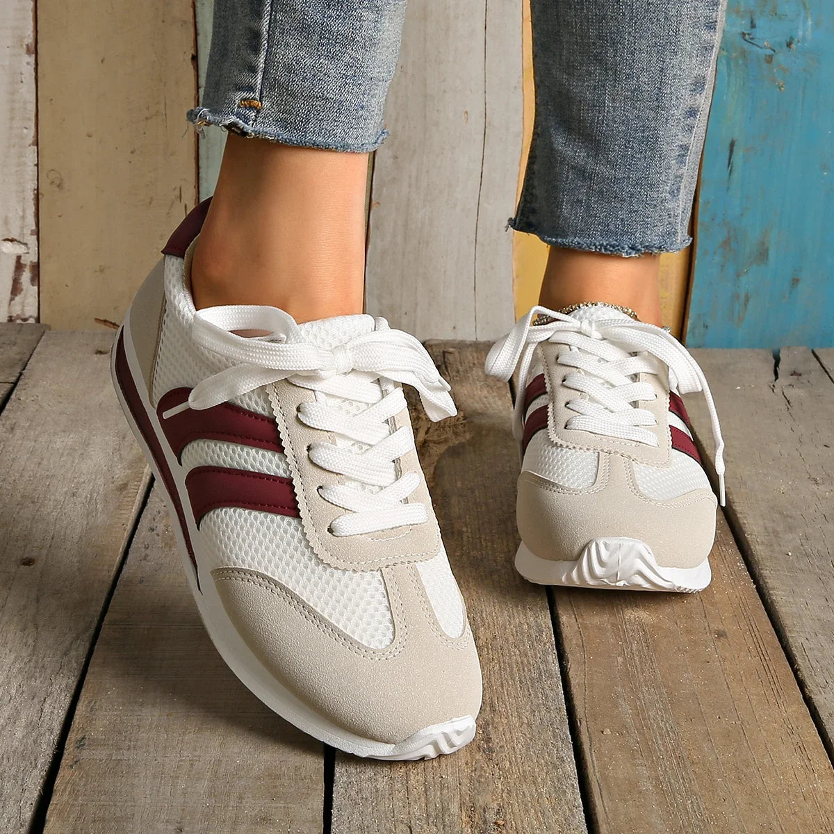 Striped Platform Sneakers for Women — Vulcanized Lace-Up Casual Running Shoes