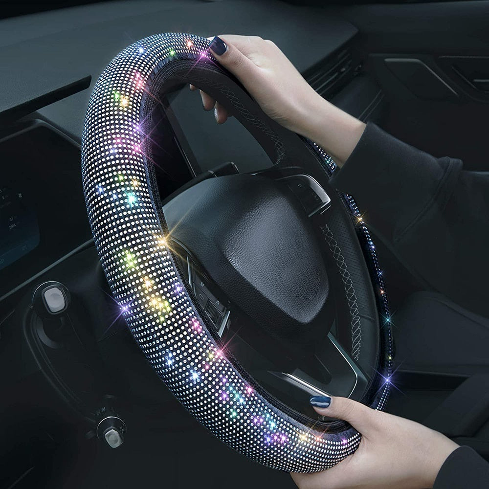 38cm Universal Car SUV Breathable Anti-Slip Bling Rhinestones Steering Wheel Cover for Women Girl with Crystal Diamond Sparkling