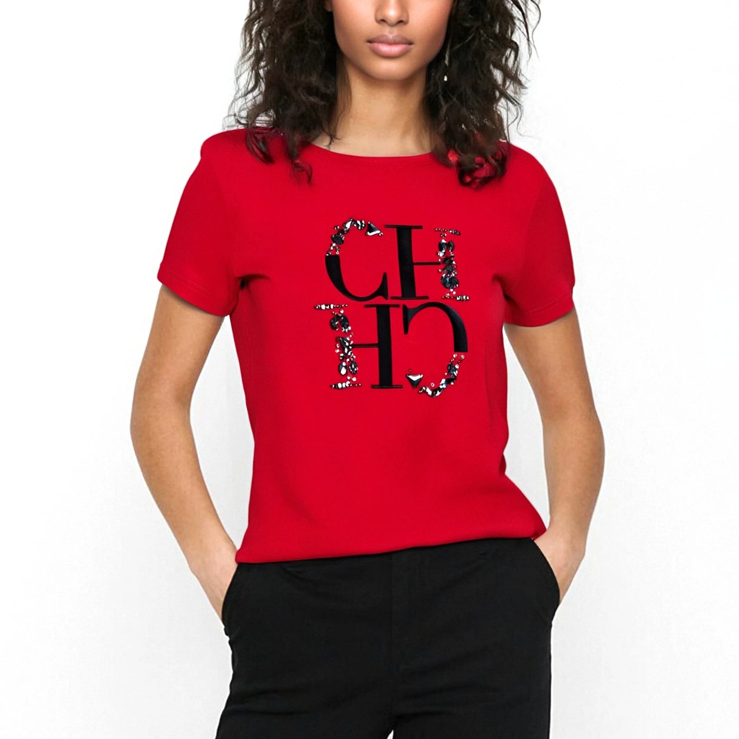 CHCH Women's Hand-Embroidered Short-Sleeve Round-Neck T-Shirt — Beige