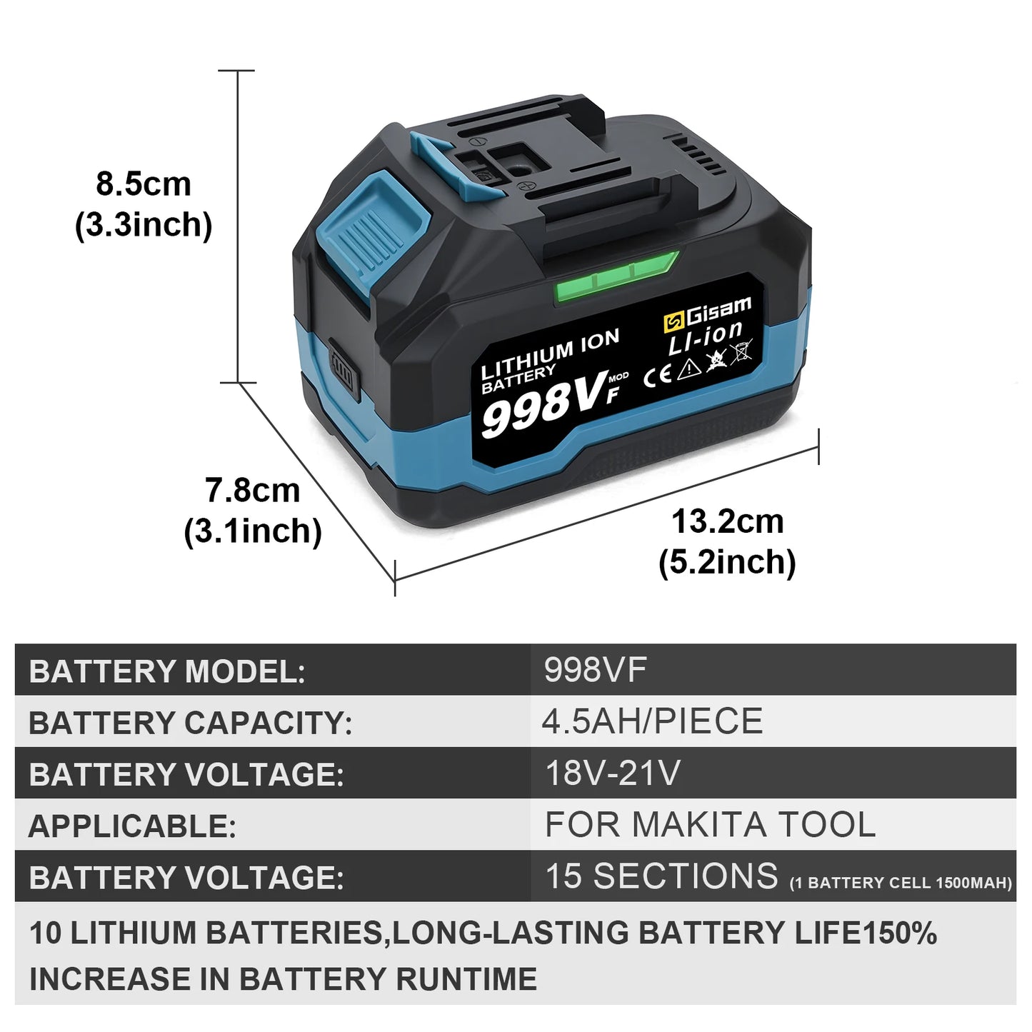 Gisam 4.0AH 4.5AH Rechargeable Lithium-Ion Battery for Cordless Dirll/Brushless Wrench/Screwdriver for Makita 18V Battery pins