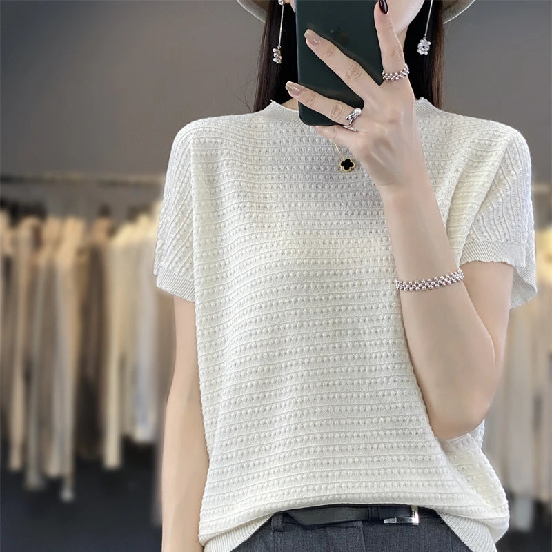 Pure Cotton Hollow Short-Sleeved Ladies Spring And Summer Loose Slim New Joker Knit Bottoming T-Shirt