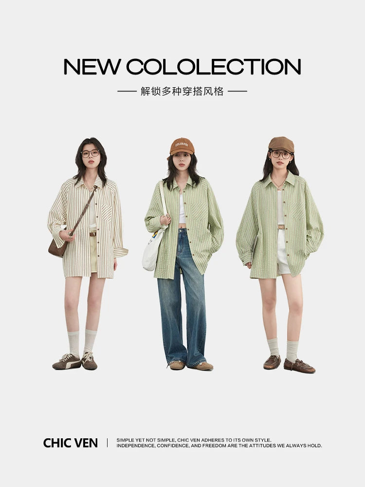 CHIC VEN Women Shirt Single Breasted Loose Casual Vertical Striped Long Sleeved Blouses Oversize Female Coat Spring Summer 2025