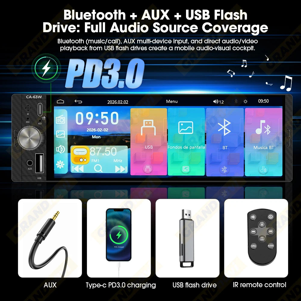 6.5 Inch 1Din MP5 Player Stereo Wireless Carplay Android Auto Airplay Car Radio Bluetooth FM EQ Type-C PD3.0 Fast Charging