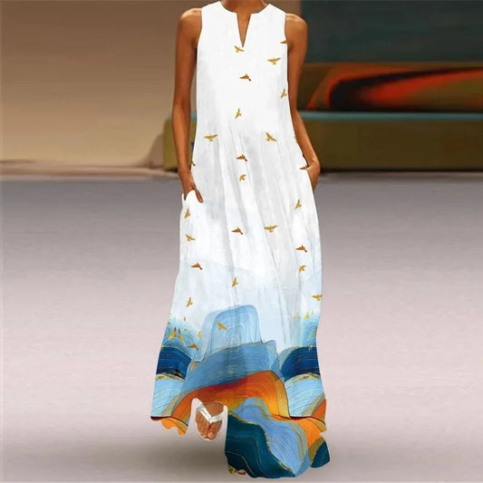 Women's Sleeveless V-Neck Maxi Dress — Vintage Print Loose Sundress with Pockets (Plus Size)