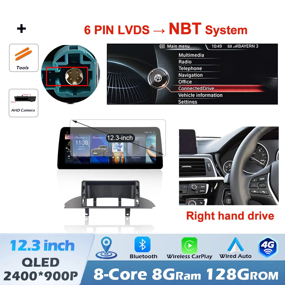 12.3" Right-Hand-Drive Wireless CarPlay & Android Auto Screen, Compatible with BMW 3 4 Series F30 F32