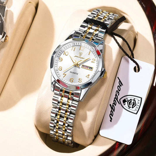Women's Stainless Steel Quartz Watch - Luminous Hands with Date & Week Display