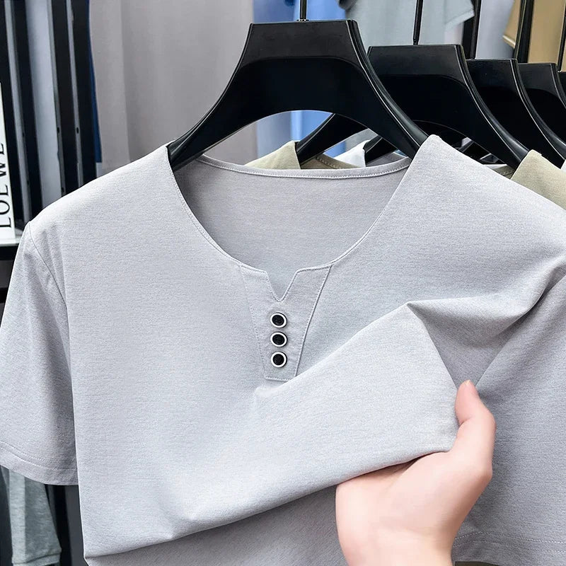 Men's Split V-Neck Tee - Three Metal Buttons, Breathable Slim Fit