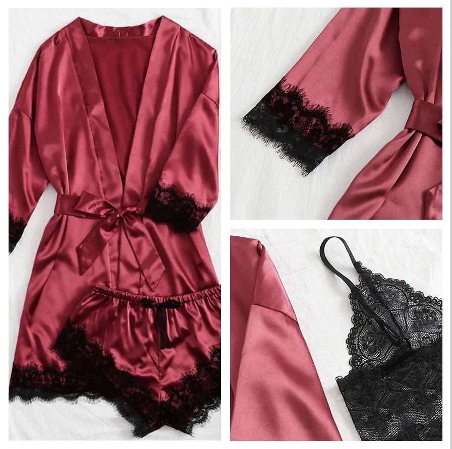 Women's 4-Piece Lace Camisole Pajama Set – Sexy Lingerie Nightgown, Shorts, Robe & Leisurewear | S–XXL (7 Colors)