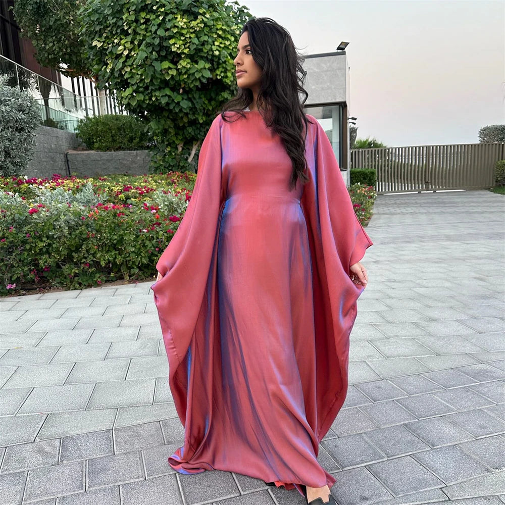 Shimmer Batwing Satin Abaya – Luxury Muslim Kaftan Dress for Eid & Ramadan